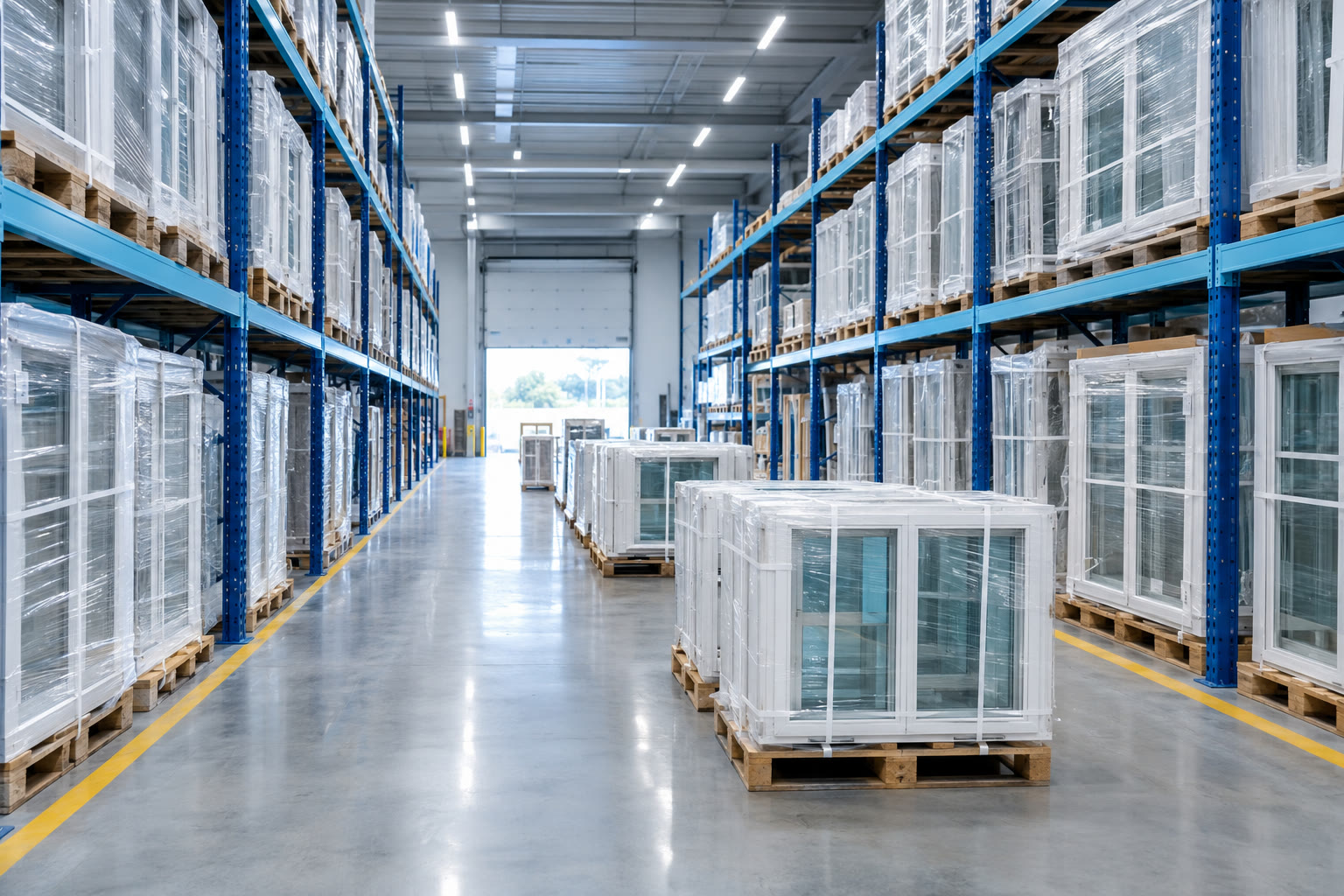 Magazzino con bancali di finestre in PVC pronte per la consegna